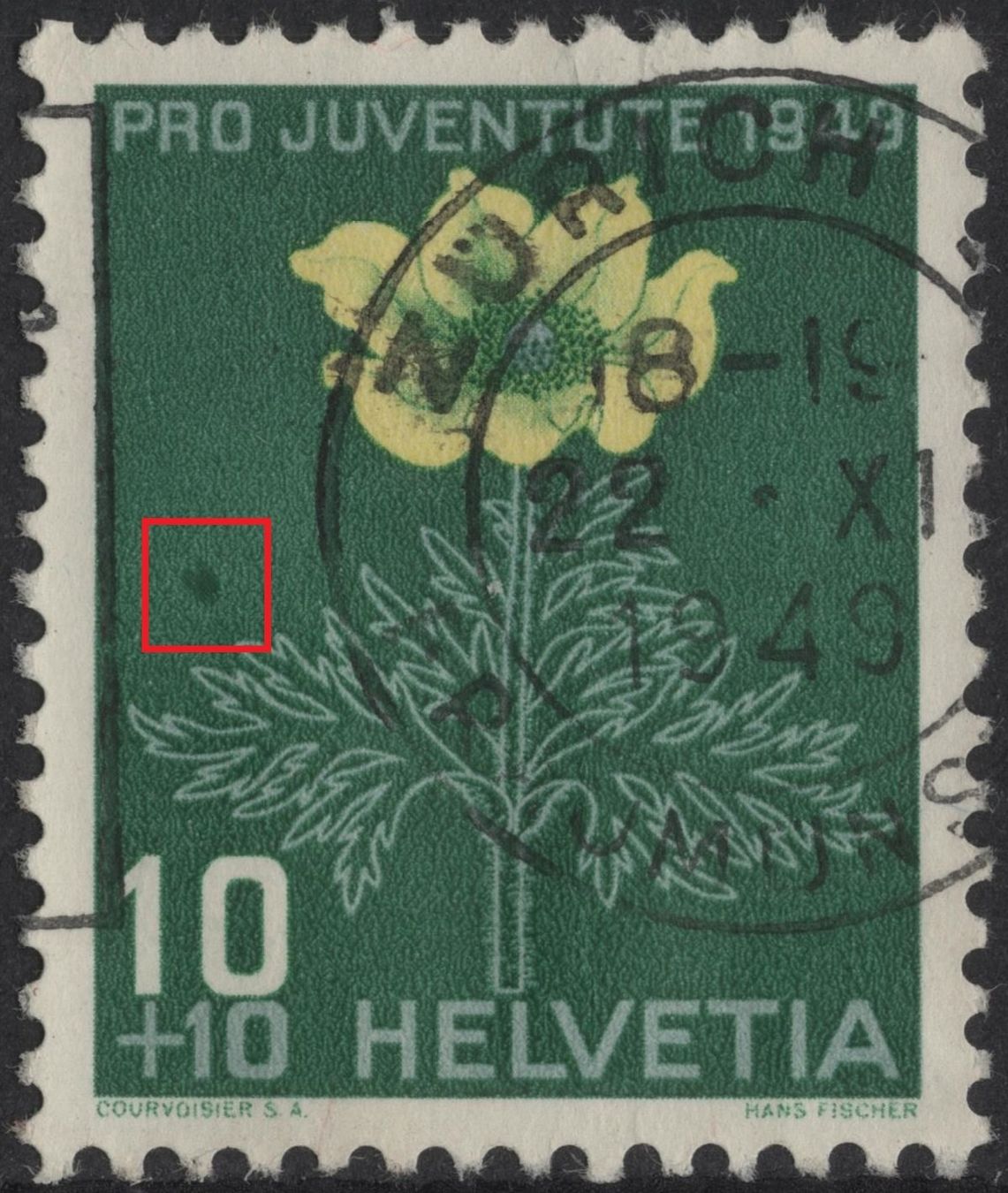 Alle Briefmarken: 10 Rp. Schwefelanemone mit ABART – Gebraucht aus Eglisau von Chperfins