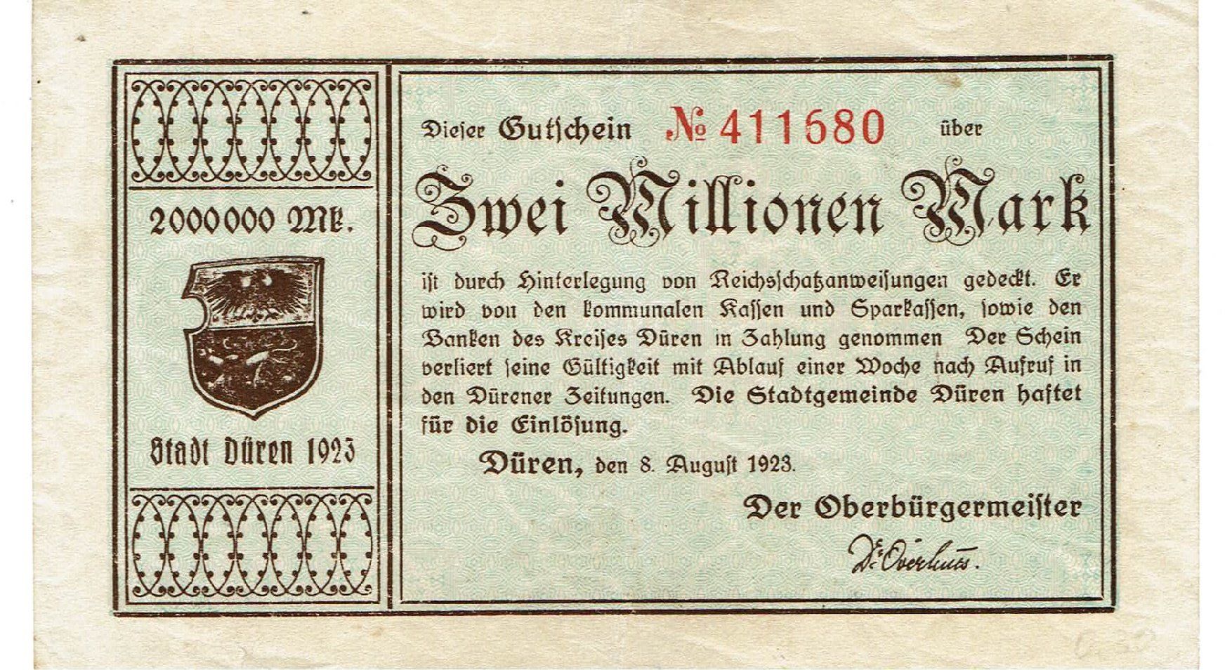 Banconote: Düren 2 Mil.Mark 08.08.1923 VZ-VZ+ – Usato da Steffisburg venduto da ber_8htf