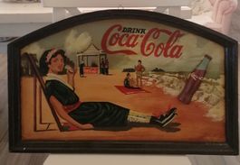 Coca-Cola Werbetafel Strandmotiv, 60x40cm, Holz, in Öl.