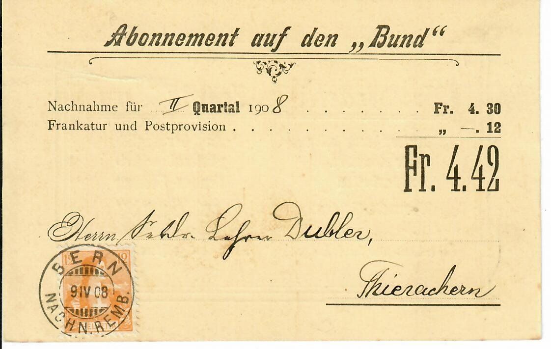 Tutti i francobolli: PK, Abo auf den "Bund" 1908 – Usato da Hochdorf venduto da Ziegel-16