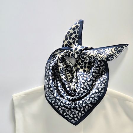 New 53cm Silk Scarf Navy Blue Floral and Geometric Print