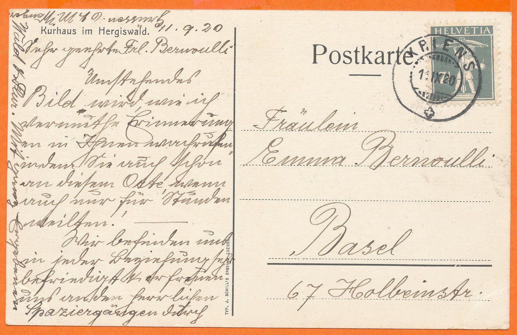 Cartoline postali: HERGISWALD / LU - Kurhaus 1920 – Usato da Liestal venduto da flohmy 1