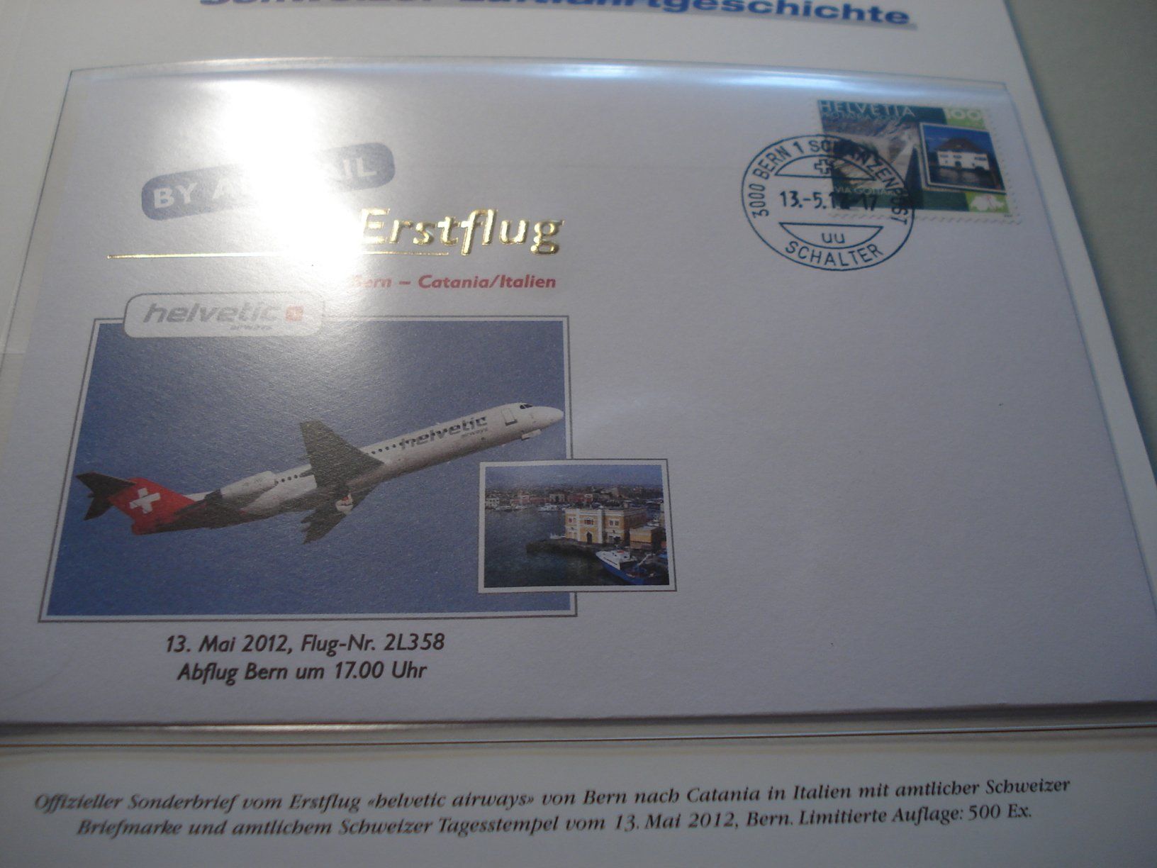 Alle Briefmarken: 2 Briefe Erstflug Helvetic, 2012, Bern-Catania-Bern – Gebraucht aus Niederwil AG von morostahu