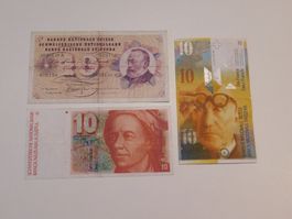 Lot 10 Franken Banknoten 5., 6. & 8. Emission 1970/1991/2010