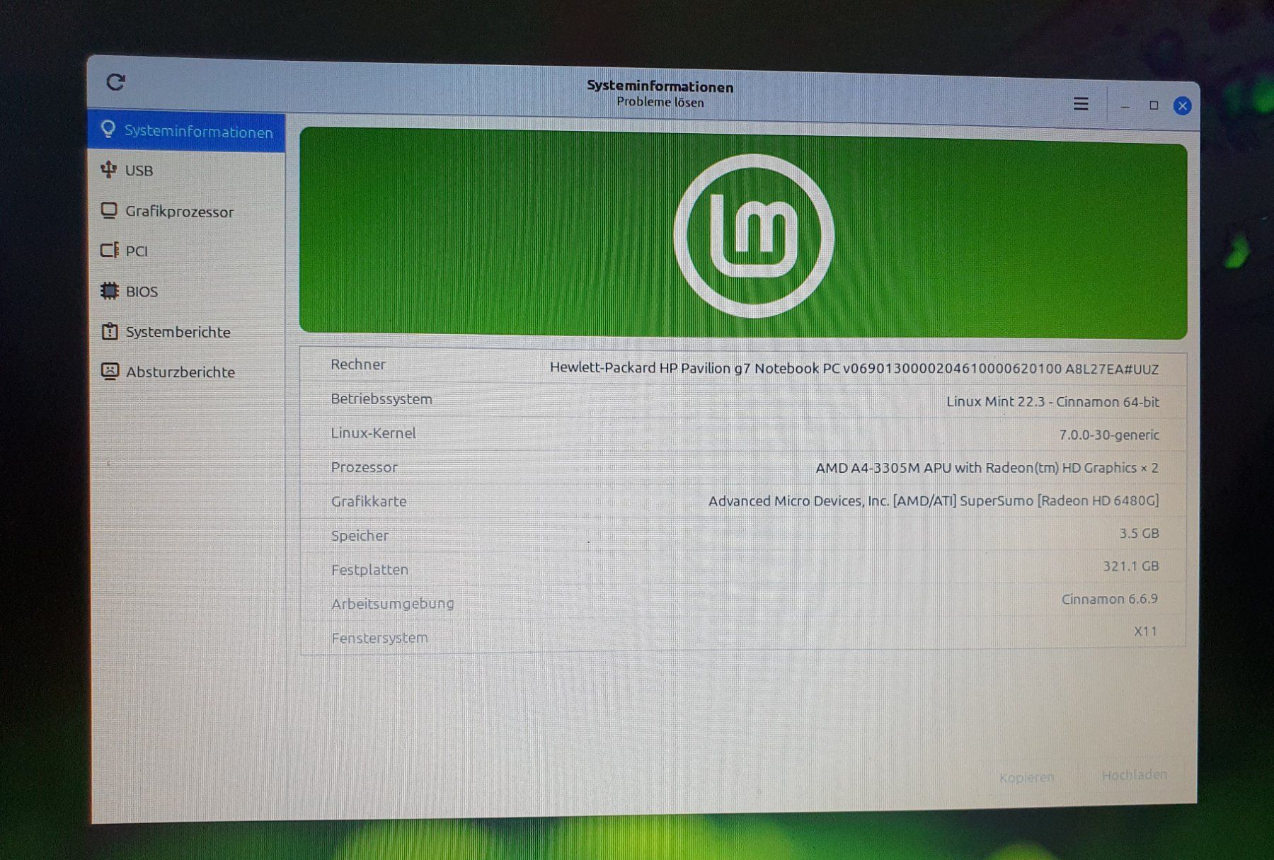 Hewlett Packard Notebooks: HP Pavilion G7, Linux Mint, mit Netzteil, Akku defekt – Gebraucht aus Winterthur von E-Frosch 5