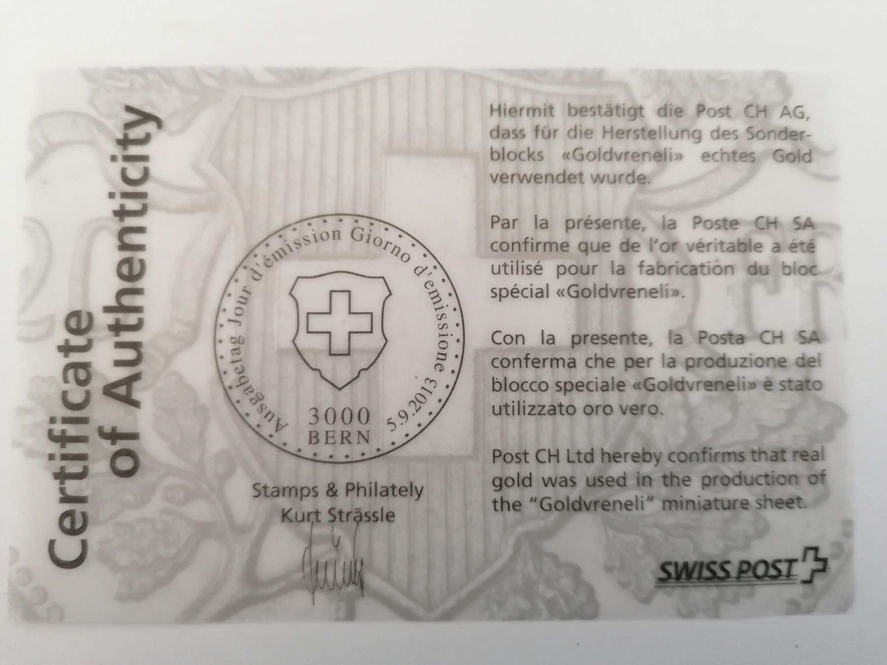 Tutti i francobolli: Sonderblock Goldvreneli – Usato da Geroldswil venduto da Dirici 2