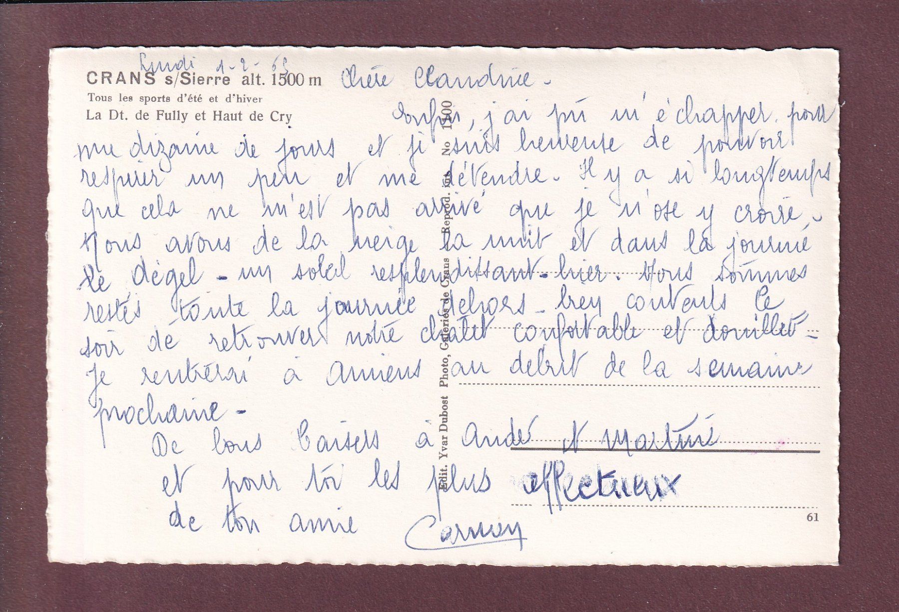 Cartoline postali: CRANS-sur-Sierre - Dent de Fully - Haut de Cry - 1962 – Usato da Pully venduto da nicecards 1