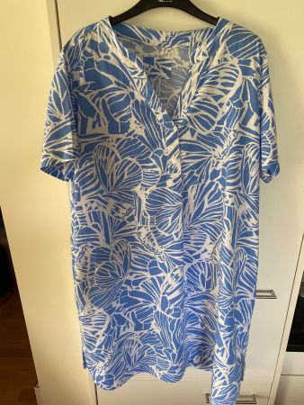 CLARINA Kleid  Leine/Viskose Blau weiss ,floral Muster Large