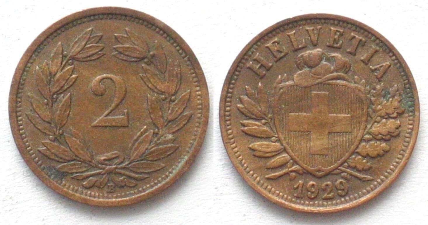 Tutti le monete: Schweiz EIDGENOSSENSCHAFT 2 Rappen 1929 Bronze – Usato da Riehen venduto da sesambestcoins2004