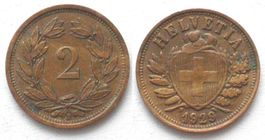 Schweiz EIDGENOSSENSCHAFT 2 Rappen 1929 Bronze