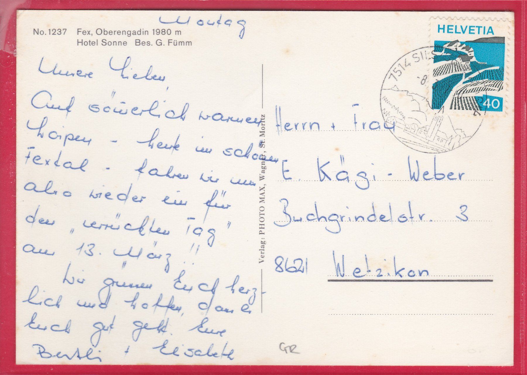 Ansichtskarten: FEX 1980m, HOTEL SONNE, 8.3.1977 – Gebraucht aus Oberrieden von Gebirgsstelze 1