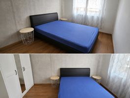 Letto matrimoniale nero con due tavolini, usato buono