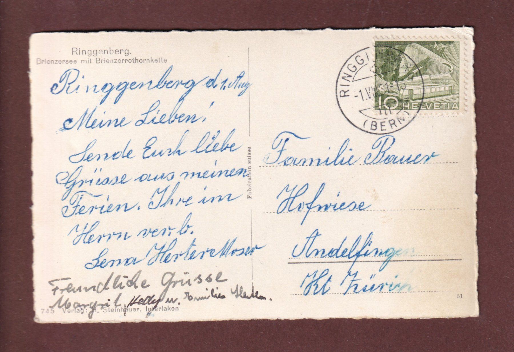 Cartoline postali: RINGGENBERG - Brienzersee - 1951 – Usato da Pully venduto da nicecards 1