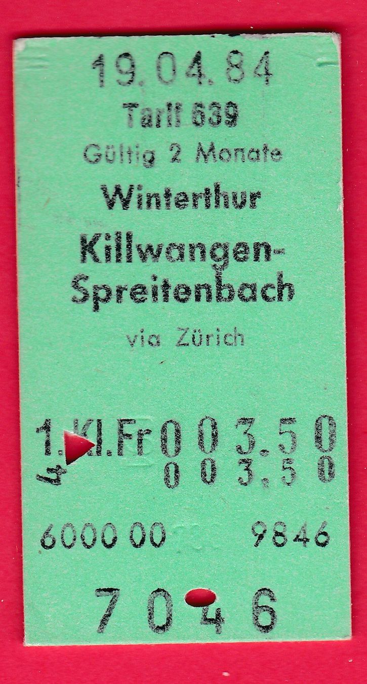 Biglietti: KARTON BILLETT, WINTERTHUR-KILLWANGEN, EINFACH, 1.KLASSE – Usato da Oberrieden venduto da Gebirgsstelze