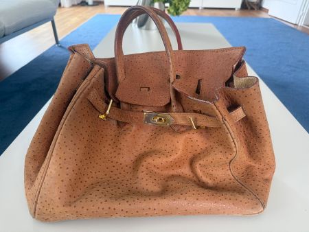 Handtasche Leder Cognac in Straussen Optik  33x28x16 cm
