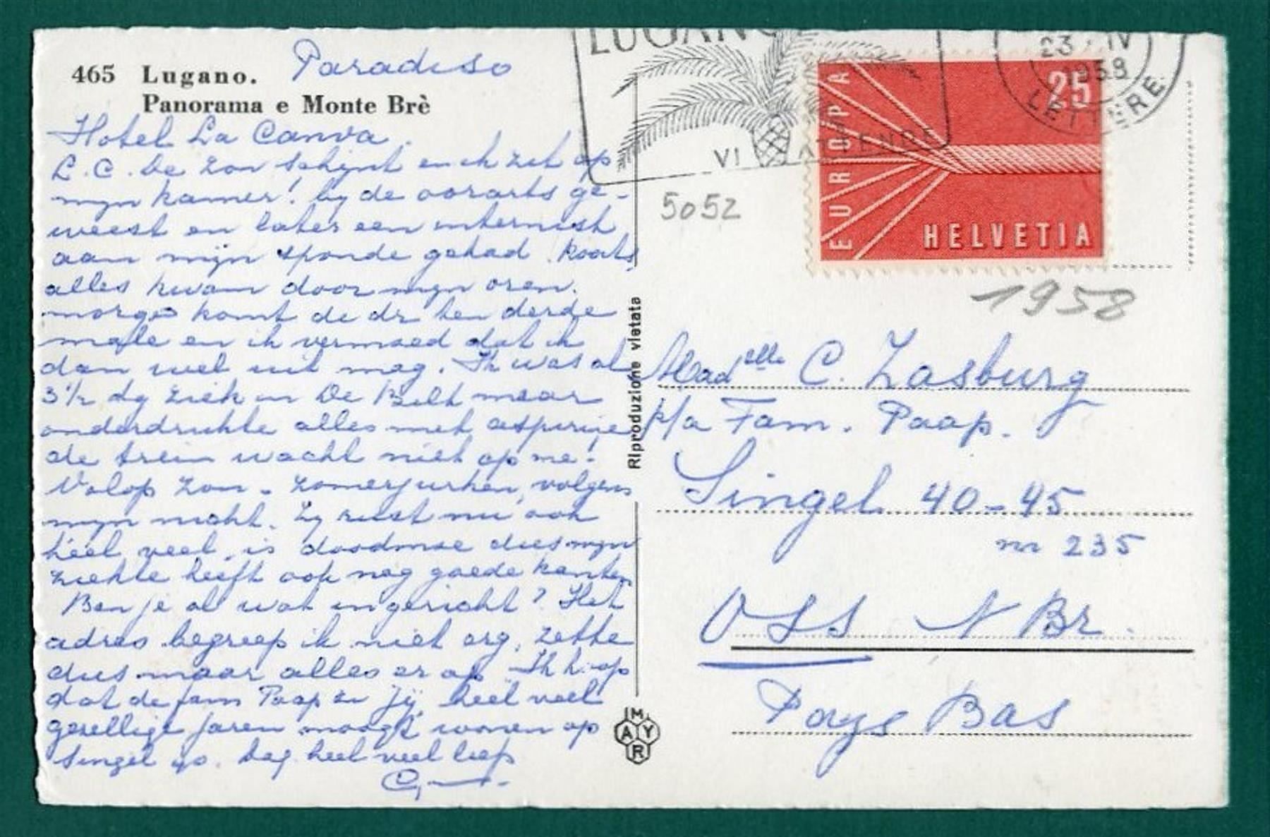 Cartoline postali: Lugano, Panorama e Monte Brè, 1958, gelaufen – Usato da Sargans venduto da Hausi1951 1