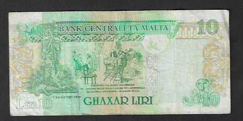 Banconote: Malta  10  Liri  Gebraucht – Usato da Gordola venduto da coinsandnotes 1