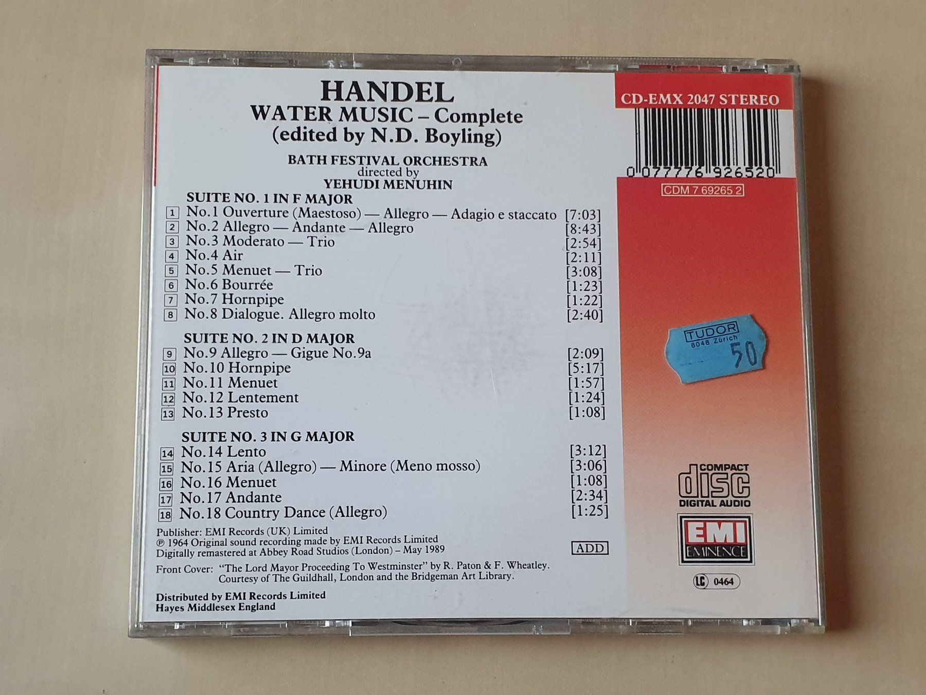 CD: Handel Water Music – Usato da Stansstad venduto da collectorsshop 1