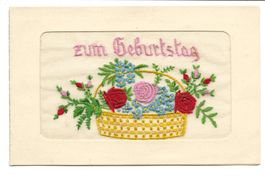Seidenkarte - gestickt - zum Geburtstag - Rosen im Korb