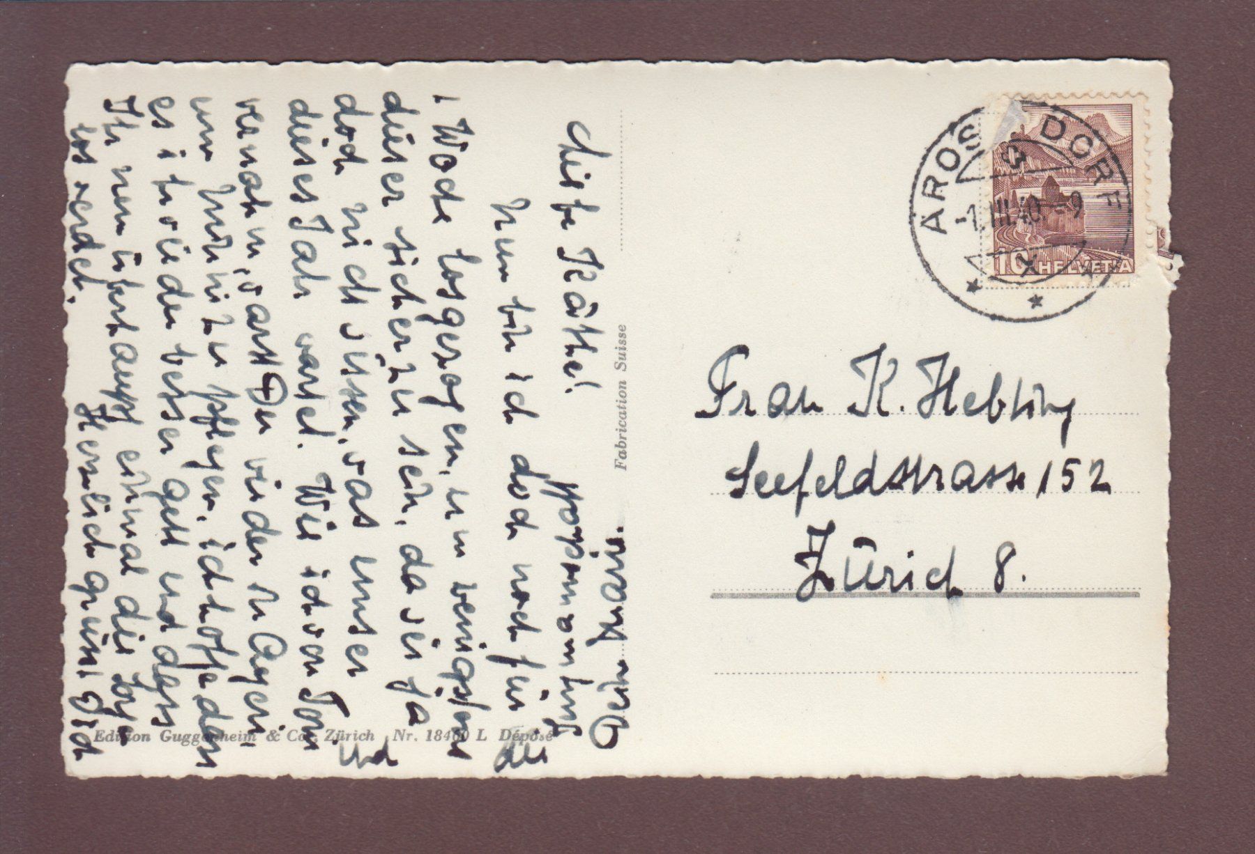 Ansichtskarten: AROSA - 1940 – Gebraucht aus Pully von nicecards 1
