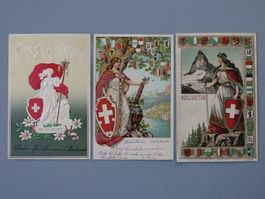 3 ANTIKE ANSICHTSKARTEN PRÄGEDRUCK HELVETIA WAPPEN