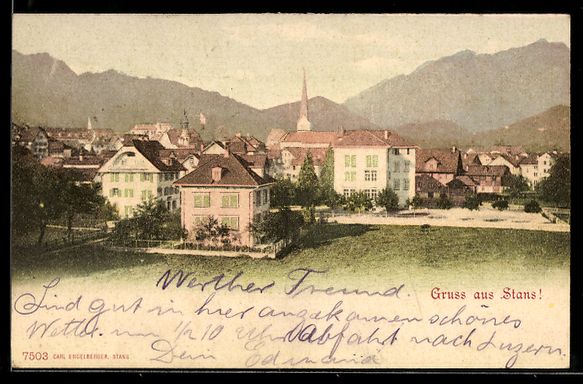 Cartoline postali: Stans, Ortsansicht mit Kirche und Bergku – Usato da Berlin venduto da bartko-reher