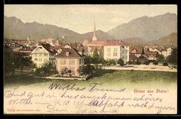Stans, Ortsansicht mit Kirche und Bergku