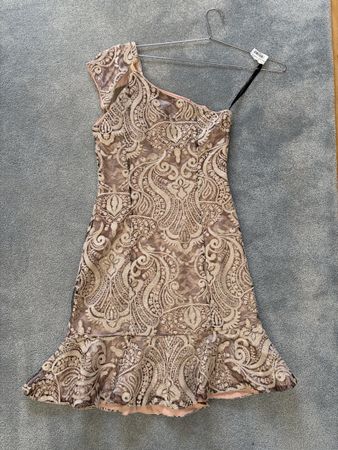 One shoulder lace dress beige metallic pattern short