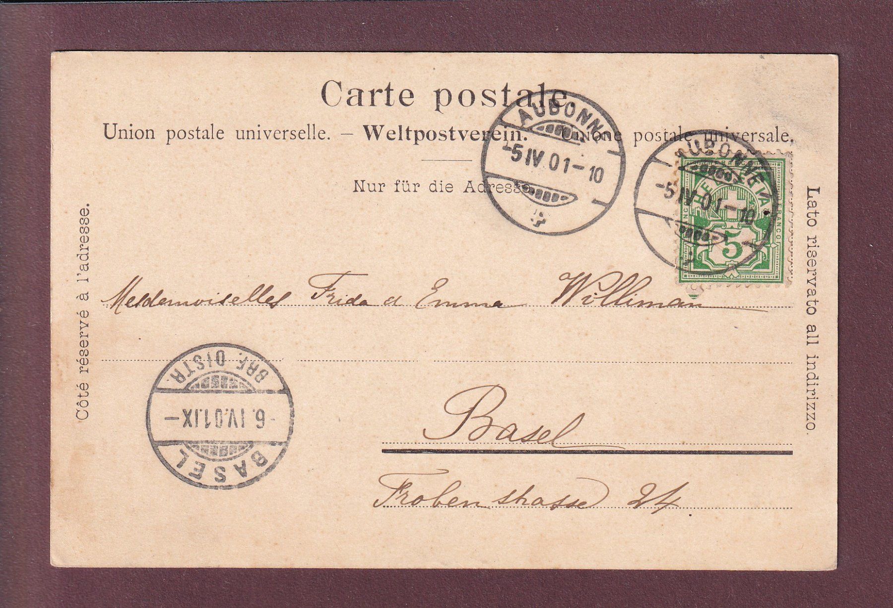 Cartoline postali: AUBONNE - Casino - 1901 – Usato da Pully venduto da nicecards 1