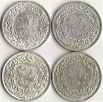 Schweiz Münzen 4 x 2 Fr.  1967  Silber