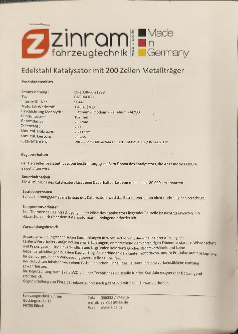 Volkswagen Sistemi di scarico: Zinram Katalysator 200 Zellen – Nuovo (secondo la descrizione) da Schöftland venduto da mcb_79lj 3