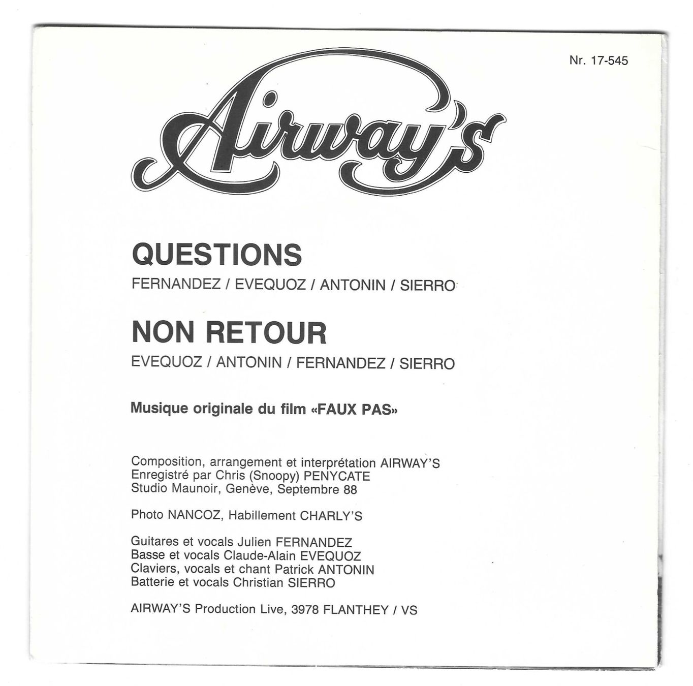Dischi in vinile: AIRWAY'S  -  QUESTIONS  +  NON RETOUR – Usato da Bex venduto da Giorgiob 1