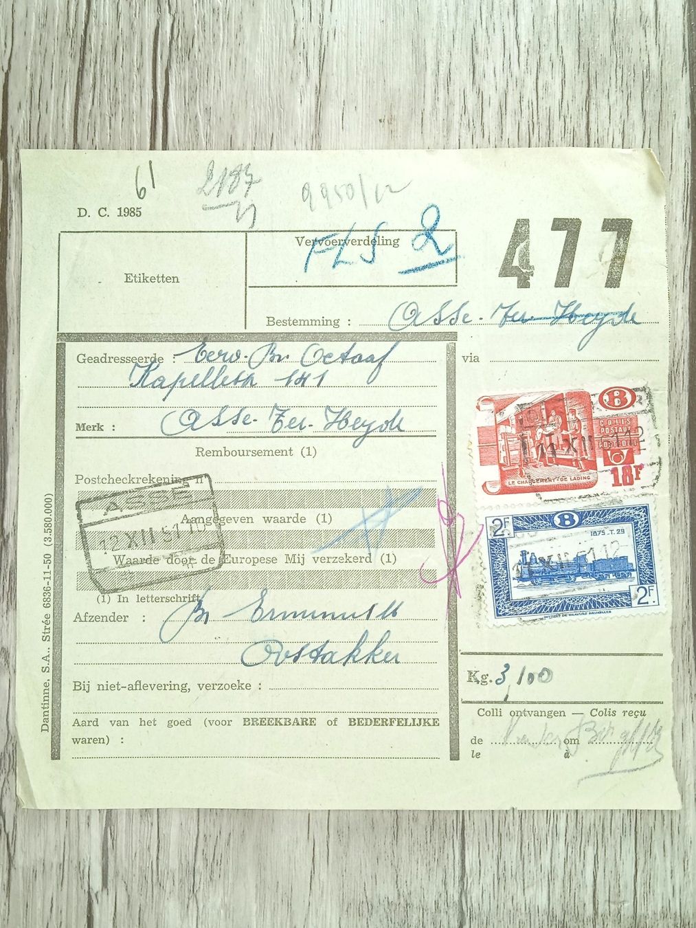 Tous les timbres: TR97 Document Expedition + Timbre Belgique 1951 – D'occasion à Cousset par Patrick_Collections