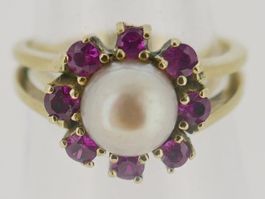 Schöner Perlen Ring mit Rubine Ringgr. 53 14 Karat