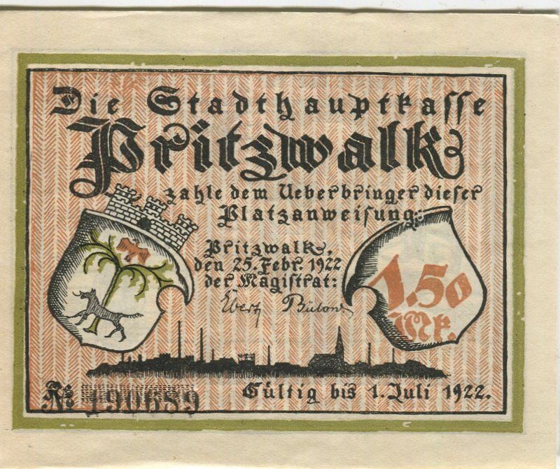 Banconote: Notgeld "1.5 Mark. Pritzwalk 1922" – Usato da Basel venduto da Butsch5 1