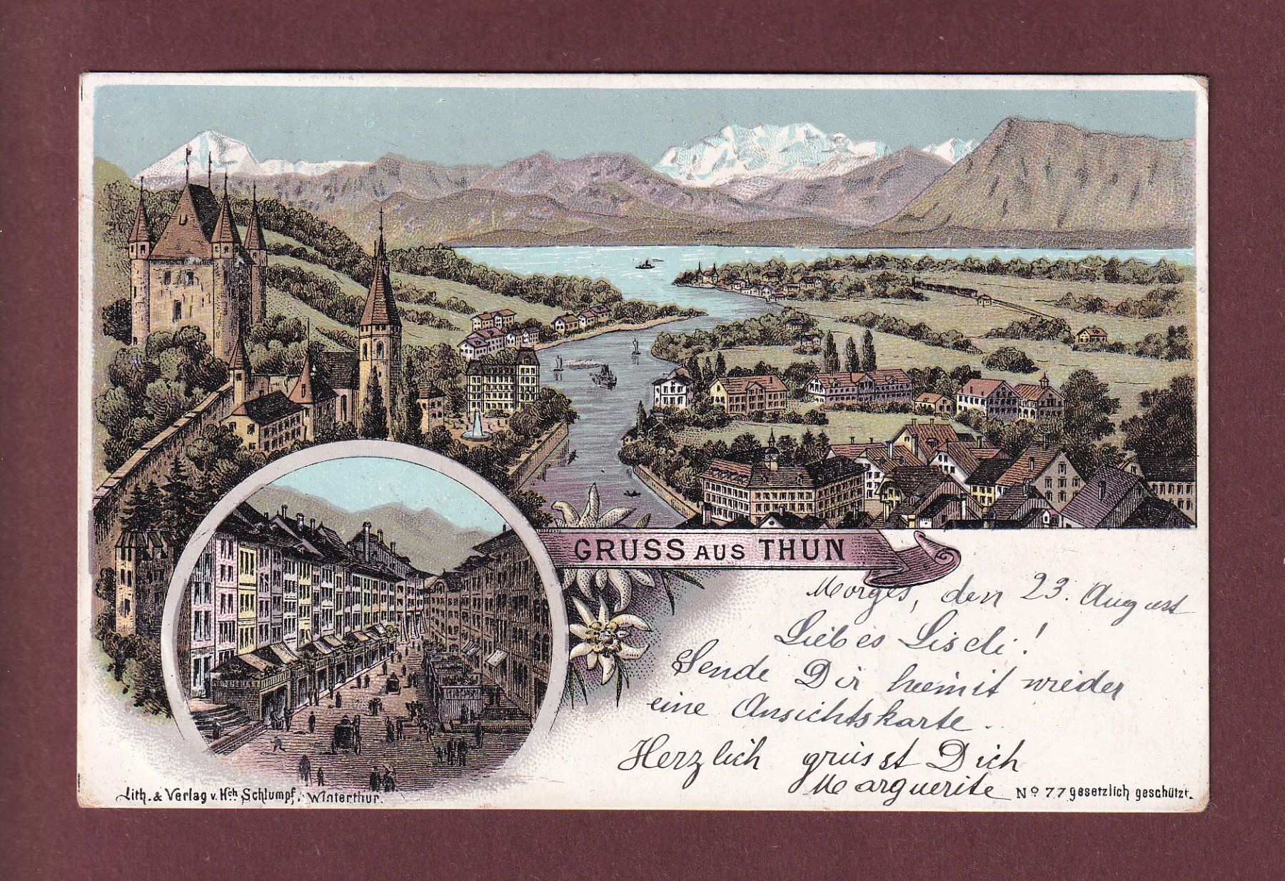 Cartoline postali: Grus aus THUN - 1897 Litho Schlumpf – Usato da Pully venduto da nicecards