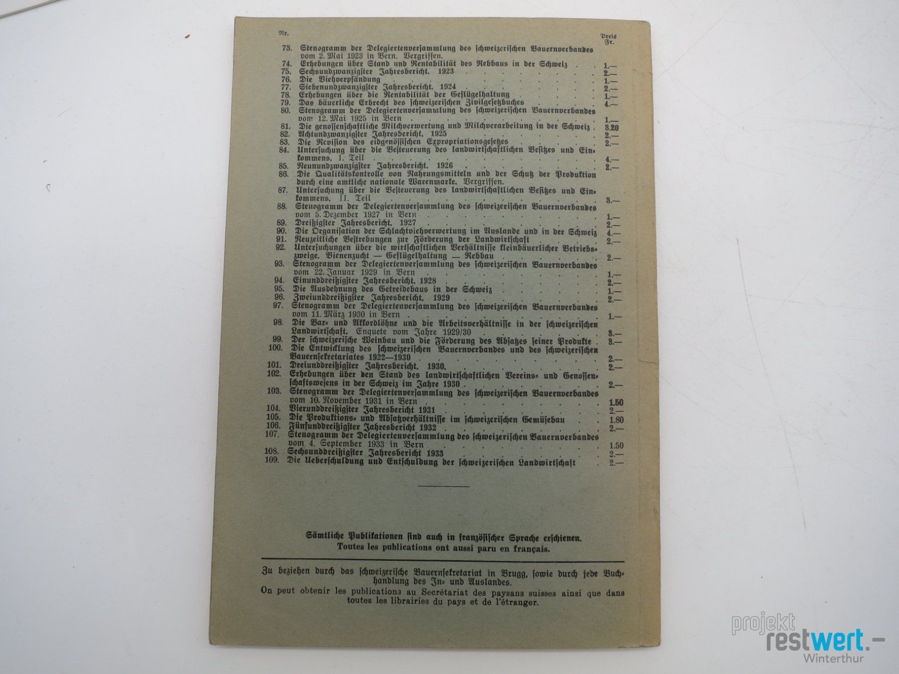 Libri: SCHWEIZERISCHES BAUERNSEKRETARIAT Nr 109 – Usato da Winterthur venduto da Restwert_Winterthur 2