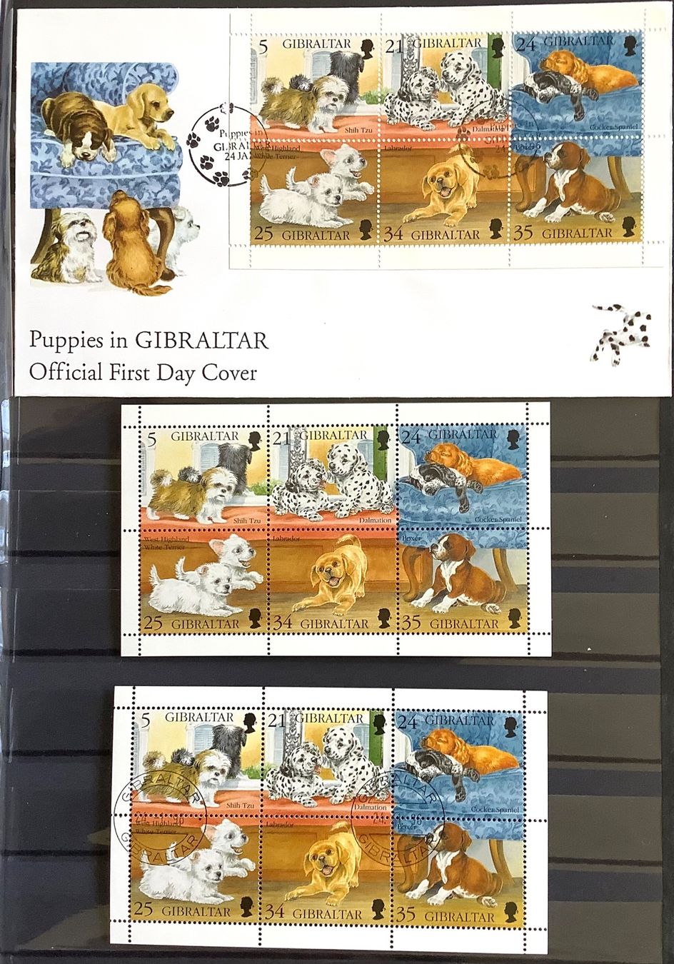 Alle Briefmarken: 1996 Gibraltar Welpen  FDC + Kleinbogen ** und ET – Neu (gemäss Beschreibung) aus Liestal von Skunk02