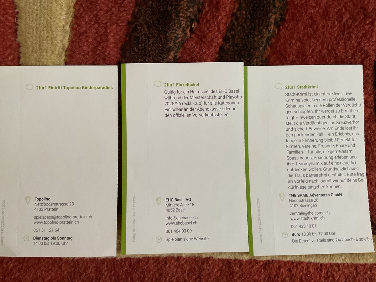 Buoni: 8 bons de réductions à Pratteln, Basel et Binningen – Nuovo (secondo la descrizione) da Düdingen venduto da Yellow 2