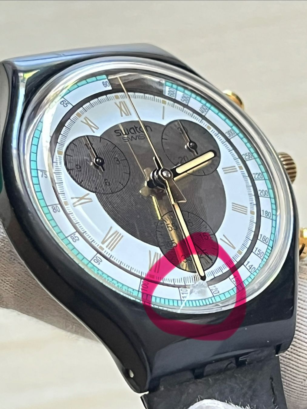 Swatch Orologi: Swatch Chronograph Herrenuhr, Schwarz Leder – Usato da Grenchen venduto da chththl 3