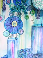 Original Aquarell Fantasie Blumen in Blumenvasen Bild