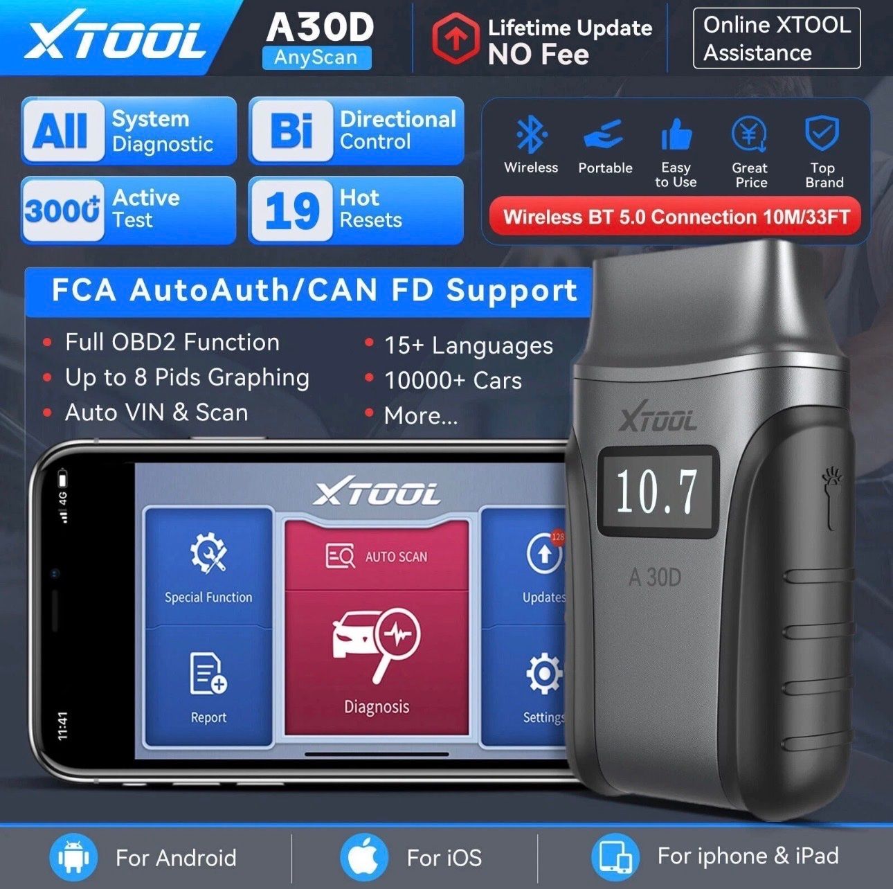 Unità & Adattatore: XTOOL A30D V2.0 BT Kabellos Auto KFZ OBD2 Diagnosegerät Scan – Nuovo e nell'imballaggio originale da Frauenfeld venduto da iphone6 1