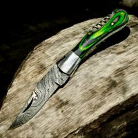 Couteau pliant lame acier Damas et manche bois d'olivier