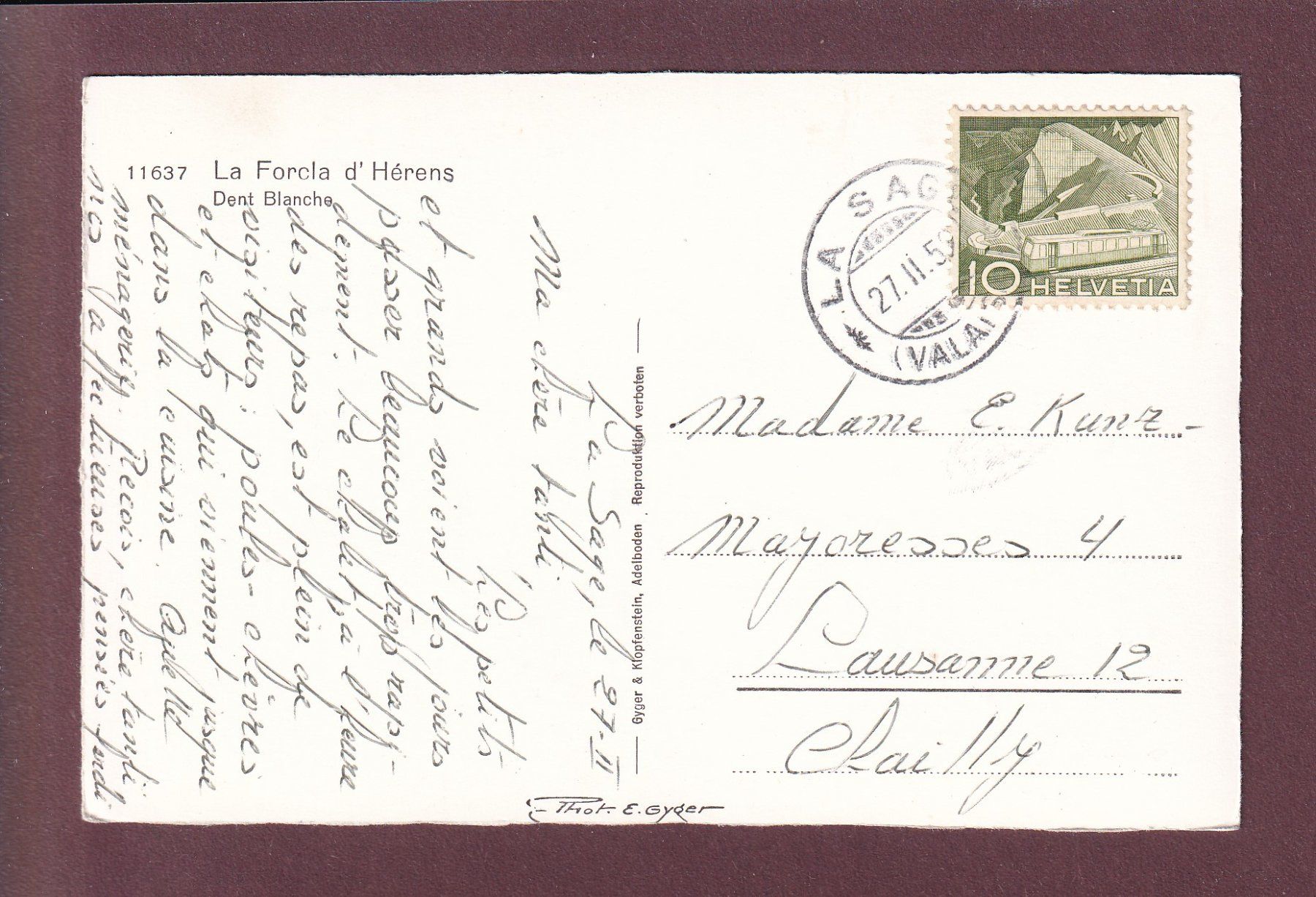 Cartoline postali: LA FORCLA D'HERENS - Dent Blanche - 1959 – Usato da Pully venduto da nicecards 1