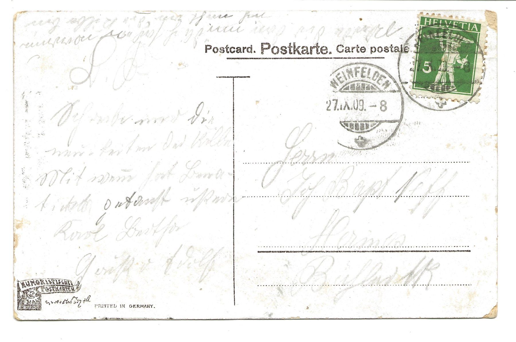 Cartoline postali: Rabiate Ehefrau züchtigt Ehemann - Spruch - Litho - 1909 – Usato da Engelburg venduto da Cartophil 1