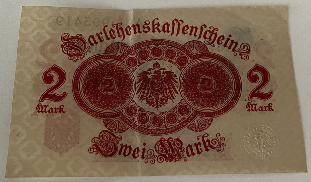 Banknoten: Deutschland 2 Mark 1914 – Gebraucht aus Algetshausen von Carrhard 1