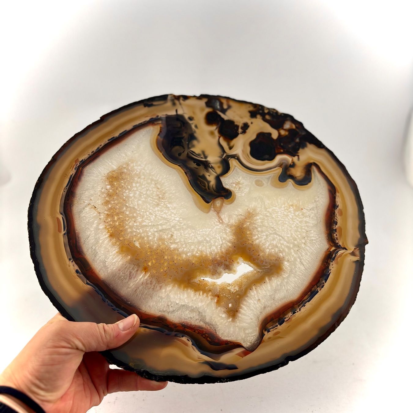 Minerali & Pietre curative: Grosse, transparente Achatscheibe, 32cm, mit Kristallhöhle – Usato da Bern venduto da Midgard1982 3