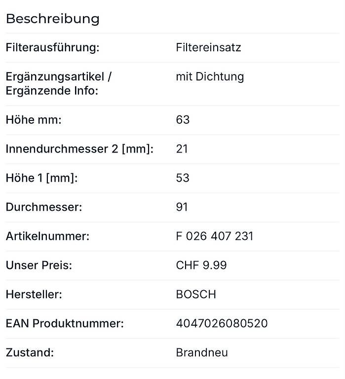 Bosch Tutti pezzi di ricambio auto: BOSCH Ölfilter – Nuovo e nell'imballaggio originale da Affoltern am Albis venduto da sch_67yt 2