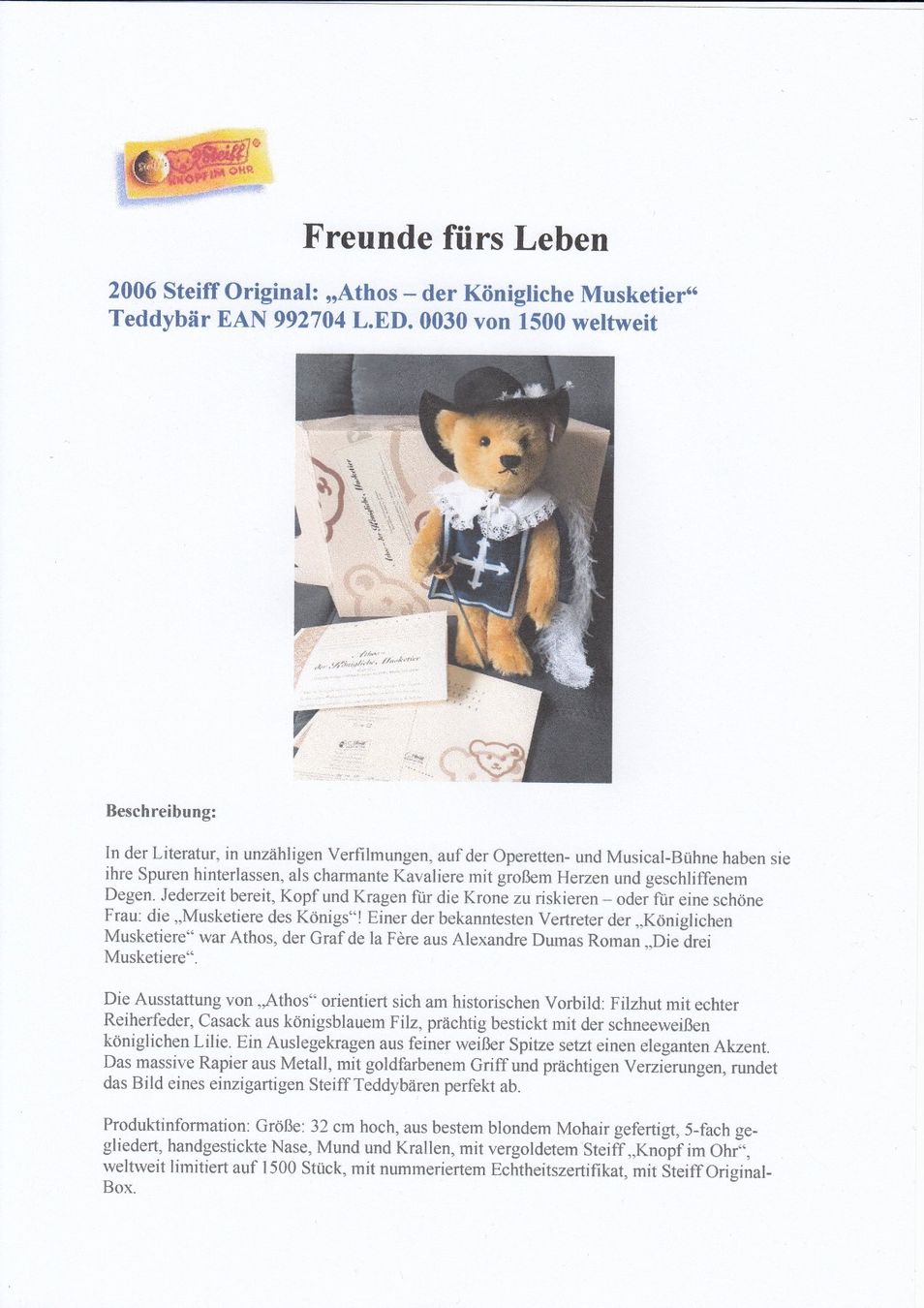 Steiff Giocattoli: 2006 Steiff "Athos - der Königliche Musketier" – Nuovo (secondo la descrizione) da Nendeln venduto da hgh_672q 5