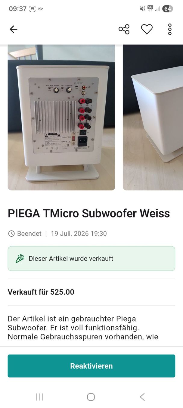 Piega Casse acustiche: PIEGA TMicro Subwoofer Weiss – Usato da Uznach venduto da Kev_le_Chef 4